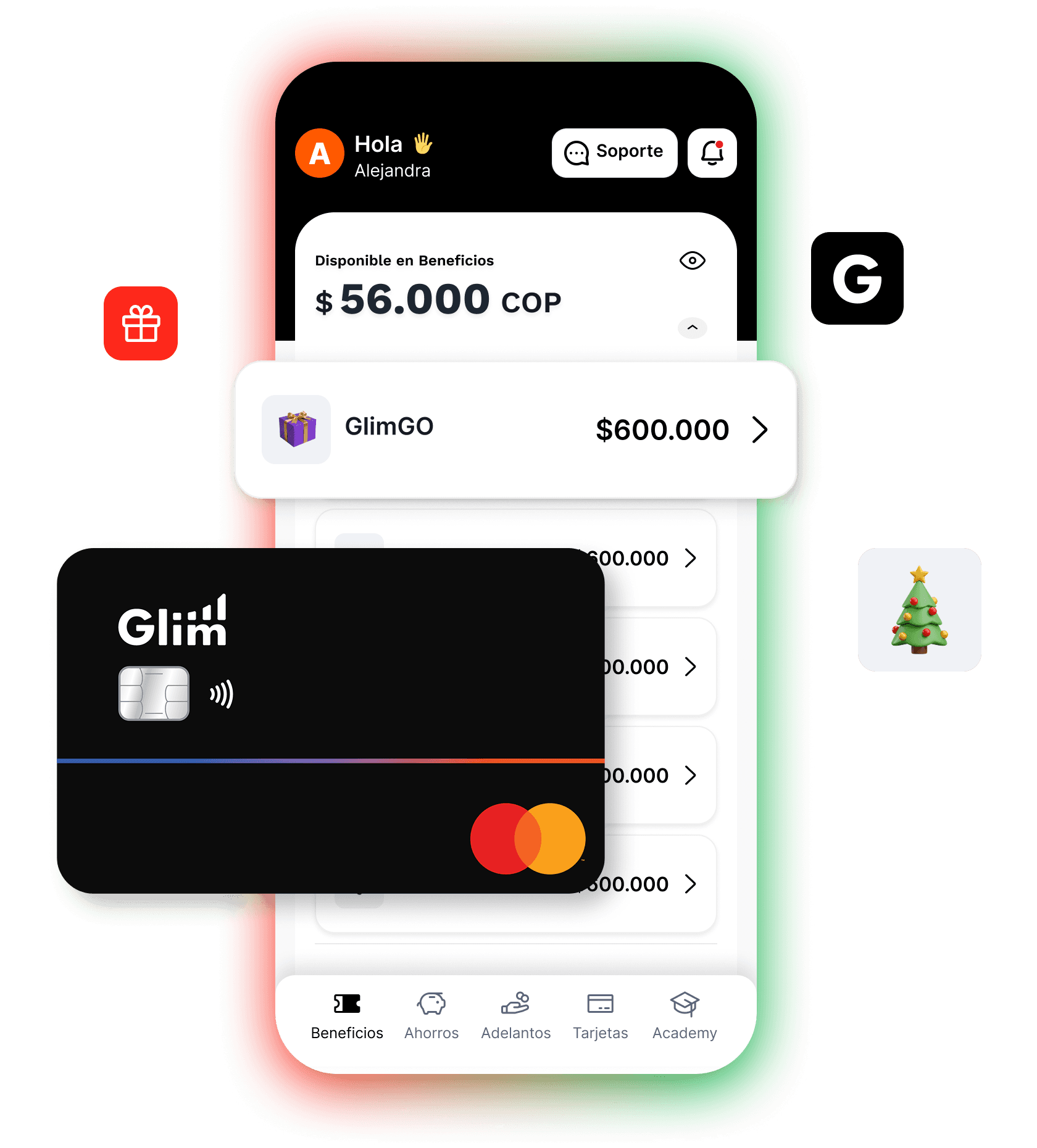 App de Glim con el bolsillo GlimGO acreditado y la tarjeta Mastercard de Glim para redimir el regalo en cualquier comercio